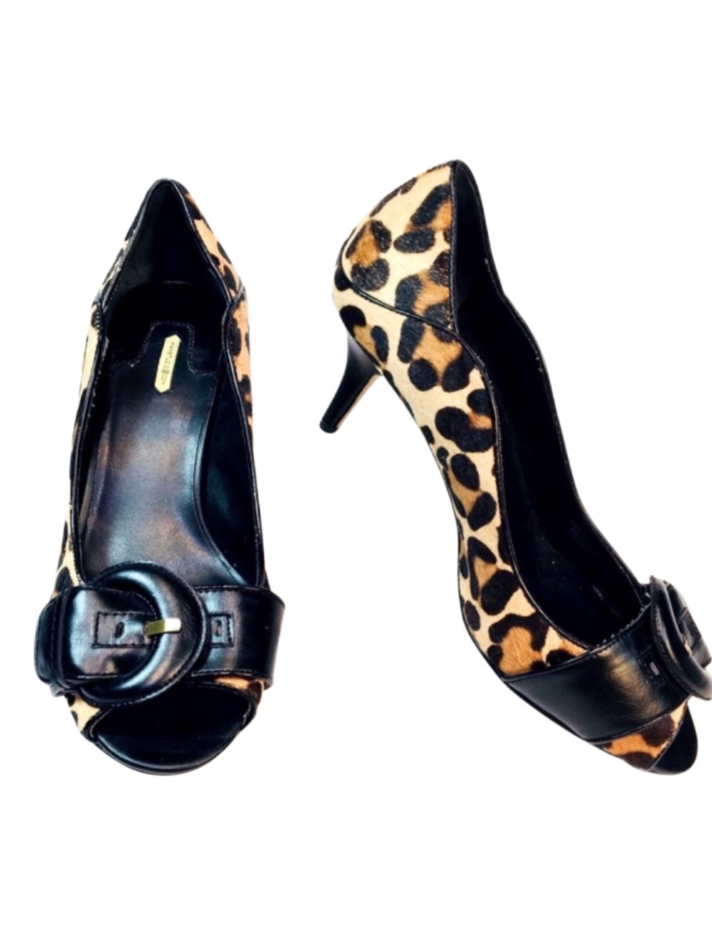 Max Studio Peep Toe Black Leather Pony Hair Heels